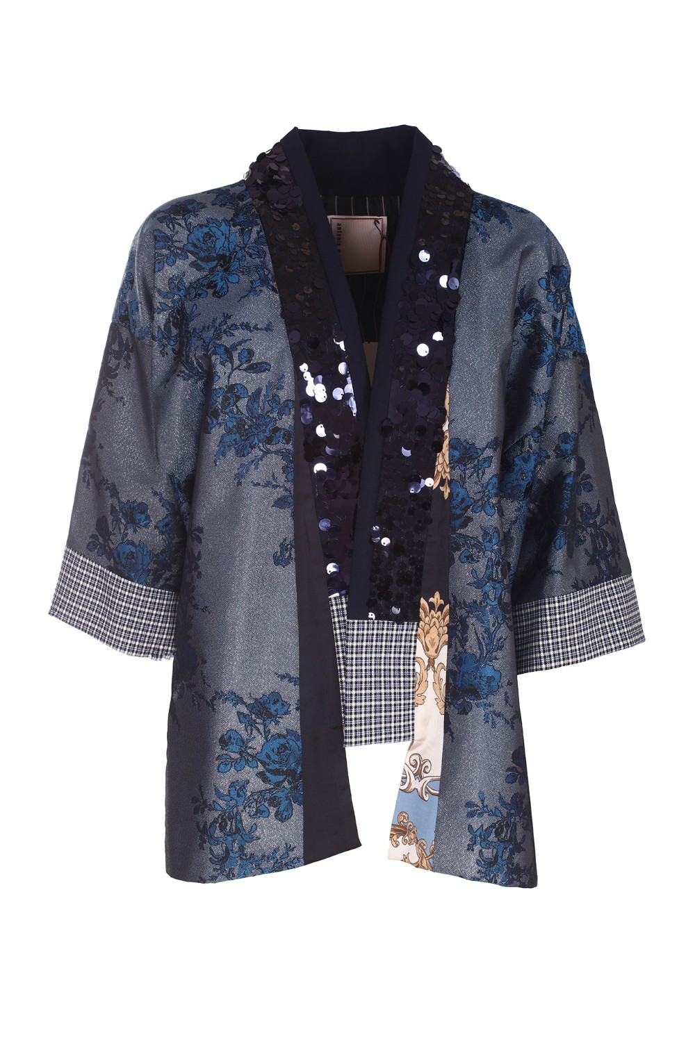 shop ANTONIO MARRAS Saldi Kimono: Antonio Marras kimono "Ibisco".
Presenta un'elaborata cucitura di un motivo forale ed è rifinito con luccicanti paillettes blu sui risvolti. 
Vestibilità regolare.
Composizione: 55% Poliestere 27% Viscosa 11% Cotone 6% Poliammide 1% Elastan.
Fabbricato in Italia.. IBISCO LB6001 D03-329 number 6386959